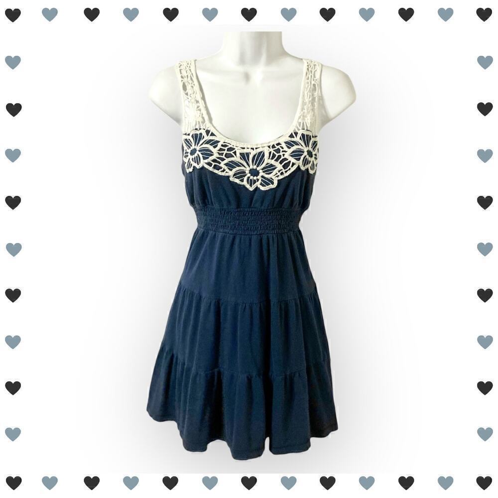 SO Junior's Medium Blue Floral Crochet Tiered Sundress